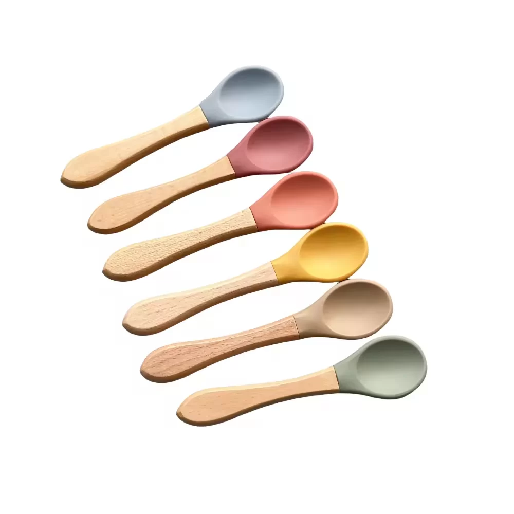 Baby Food-Grade Silicone Spoon and Fork  with Wooden Handle
